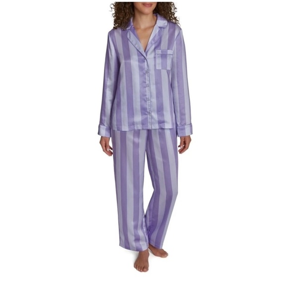 NWT Loft Intimates 3X Satin Purple Candy Striped Pajama Set Notched Collar - Picture 1 of 7